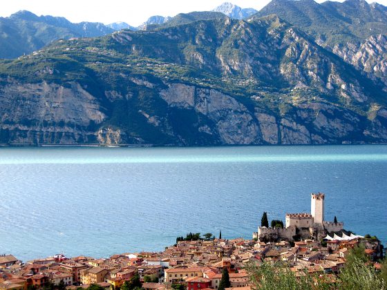 Lake Garda seen from above Malcesine, over the Scaliger Castle.