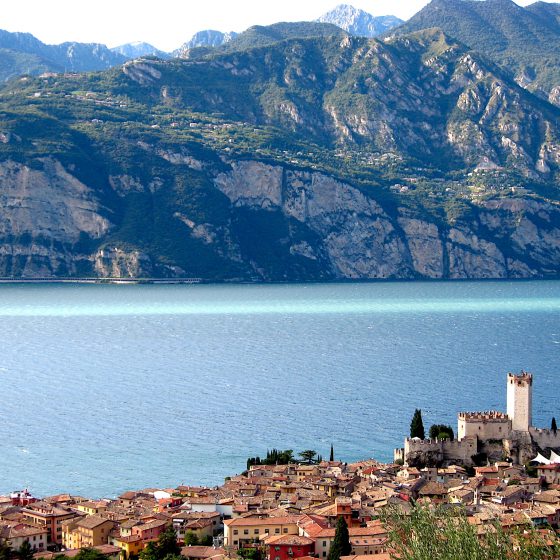 Lake Garda seen from above Malcesine, over the Scaliger Castle.